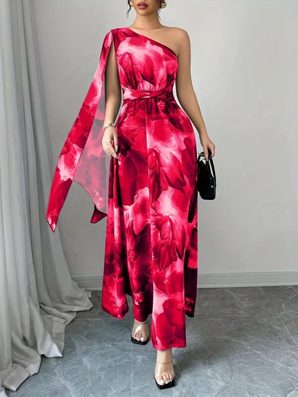 Women'S Elegant Off-Shoulder Floral Print Dress with Side Slit & Twist Detail - Fitted Silhouette, Long Sleeves, Vibrant Red & Pink Floral Print, Perfect for Spring/Summer Holiday Style, Floral Print Dress