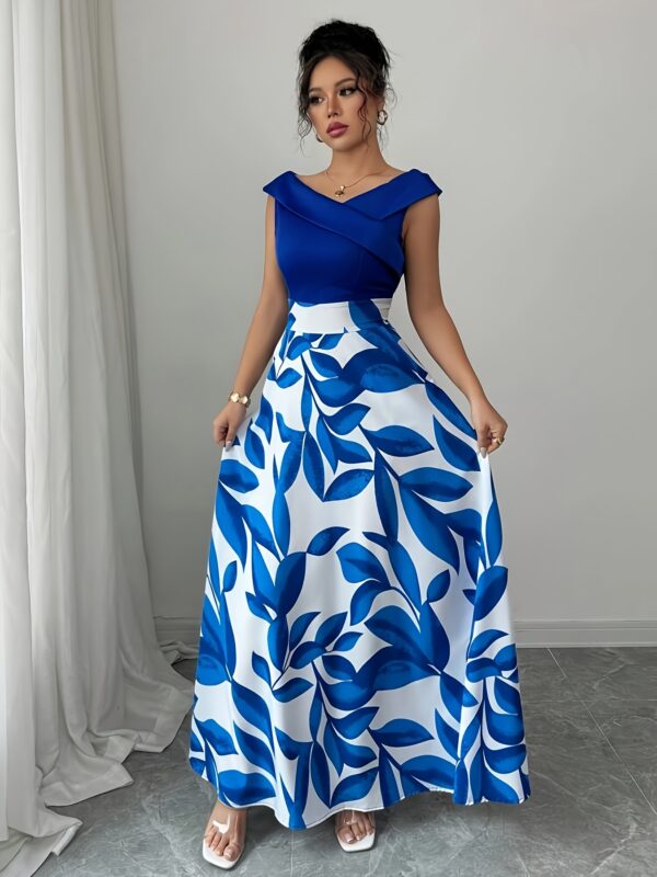 Women'S Casual Vacation Style Blue Printed Patchwork V-Neck Mid-Length Flared Dress - Image 4