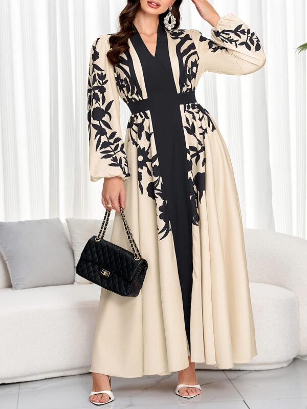 Plus-Size Women'S Elegant Dress in Light Beige with Black Floral Patterns And Flared Sleeves, Featuring Contrasting Trim, Perfect for Spring And Summer. - Image 2