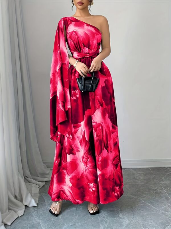 Women'S Elegant Off-Shoulder Floral Print Dress with Side Slit & Twist Detail - Fitted Silhouette, Long Sleeves, Vibrant Red & Pink Floral Print, Perfect for Spring/Summer Holiday Style, Floral Print Dress - Image 4
