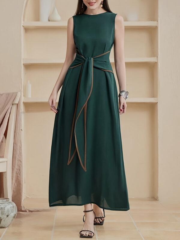 Women's Sleeveless Emerald Green Turkish Kaftan Dress with Waist Knot Detail - Middle Eastern-Inspired Summer Dress, Round Neck & Machine Washable - Image 3