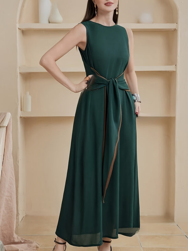 Women's Sleeveless Emerald Green Turkish Kaftan Dress with Waist Knot Detail - Middle Eastern-Inspired Summer Dress, Round Neck & Machine Washable