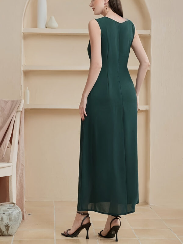 Women's Sleeveless Emerald Green Turkish Kaftan Dress with Waist Knot Detail - Middle Eastern-Inspired Summer Dress, Round Neck & Machine Washable - Image 2