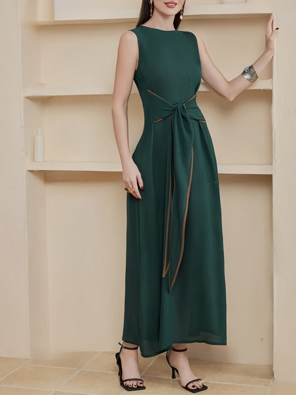 Women's Sleeveless Emerald Green Turkish Kaftan Dress with Waist Knot Detail - Middle Eastern-Inspired Summer Dress, Round Neck & Machine Washable - Image 4