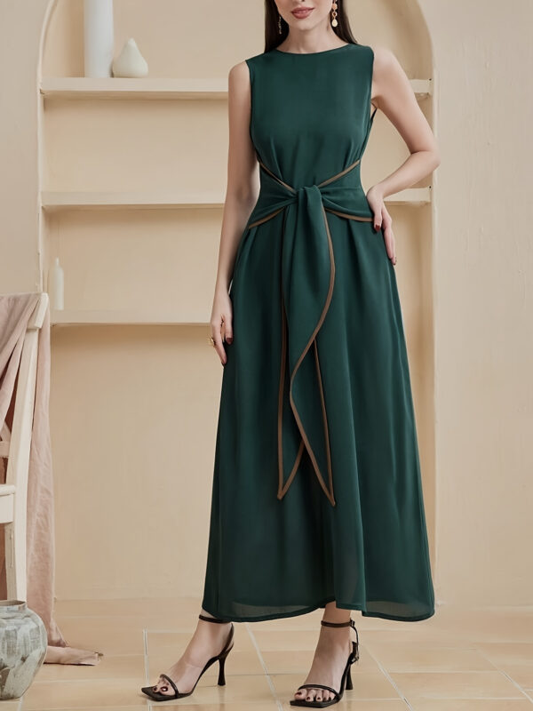Women's Sleeveless Emerald Green Turkish Kaftan Dress with Waist Knot Detail - Middle Eastern-Inspired Summer Dress, Round Neck & Machine Washable - Image 5