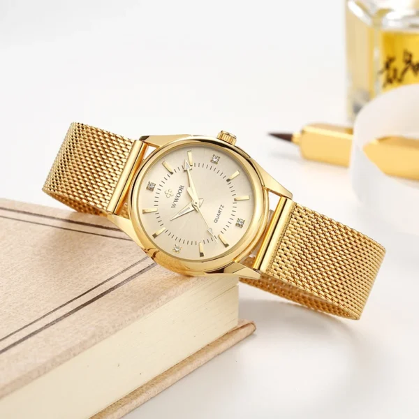 WWOOR Luxury Brand Dress Gold Watch Ladies Elegant Diamond Small Quartz Wrist Watches For Women Steel Mesh Clock zegarek damski - Image 3