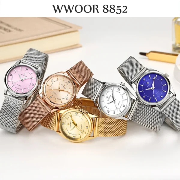 WWOOR Luxury Brand Dress Gold Watch Ladies Elegant Diamond Small Quartz Wrist Watches For Women Steel Mesh Clock zegarek damski - Image 7
