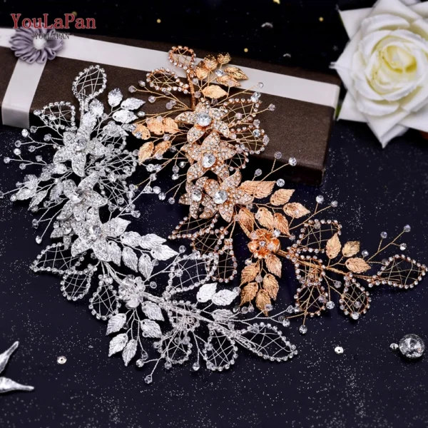 YouLaPan Wedding Headband Alloy Flower Leaf Hair Tiara Rhinestone Headpiece Bridal Headwear Hair Accessories Head Jewelry HP282 - Image 2