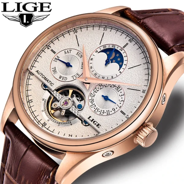 LIGE Brand Classic Mens Retro Watches Automatic Mechanical Watch Tourbillon Clock Genuine Leather Waterproof Military Wristwatch - Image 2