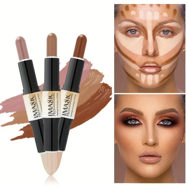 Double-Ended Contour Stick - Highlighter & Bronzer 2-in-1, Creamy Blendable, Waterproof, Long-Lasting, Travel-Friendly Makeup