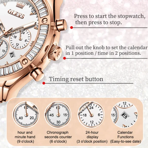 OLEVS Women's Watches Zirconium Diamonds Dazzling With Multifunctional Dial Elegant Fashion Original Quartz Watch for Ladies - Image 5