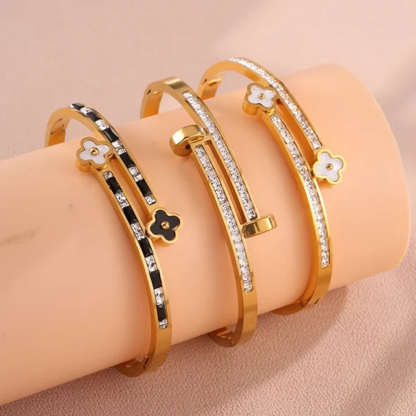 Yupsk 3Pcs/Set Stainless Steel Four-leaf Flower Nail Head Open Bracelet Bnagles for Women Female Aesthetic Jewelry Gift - Image 4