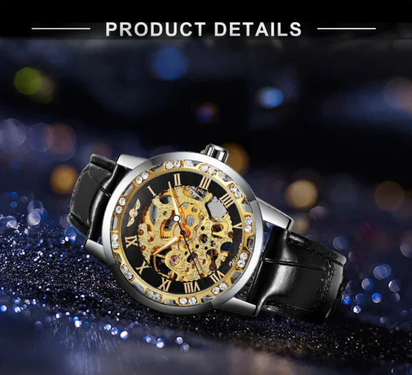 Unisex Classic Skeleton Mens Watch Luxury Diamond Case Gold Mechanical Watches Casual Leather Steel Strap Luminous WINNER Clock - Image 3