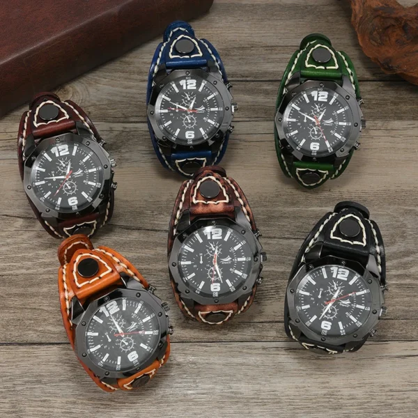 Handmade Punk Style Vintage Cowhide Leather Wide Strap Men's Large Dial Quartz Watch - Image 3