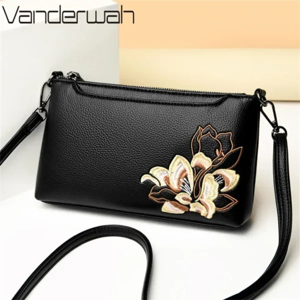 Elegant Black Leather Crossbody Bag with Floral Embroidery Compact Versatile Shoulder Bag for Women Blend of Style and Function