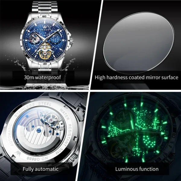 OLEVS 6689 Mechanical Watch for Men Waterproof Luminous Stainless steel Skeleton Automatic Watch - Image 5