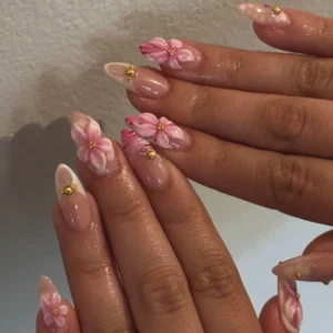 24pcs Mid-length Almond Press on Nails Sets Wearable Gradient Pink Flower Pearl Design False Nail French Fake Nail Finished Tips