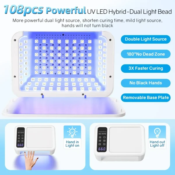 480W UV LED Lamp for Nails 108 LEDs Nail Dryer with Red Light Whitening Mode Large Space Manicure Lamp 4 Timer Settings - Image 3
