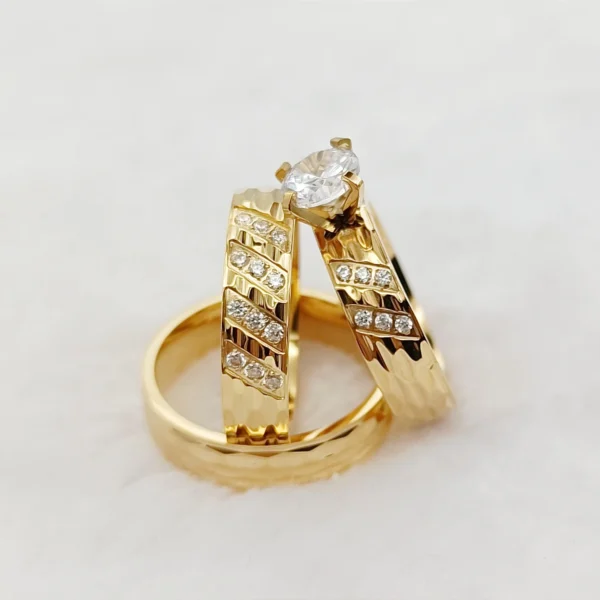 Wedding Rings Sets For Men And Women 3pcs Unique Designer Hammered 24k Gold Plated Jewelry cz Diamond Couples Engagement Ring - Image 2