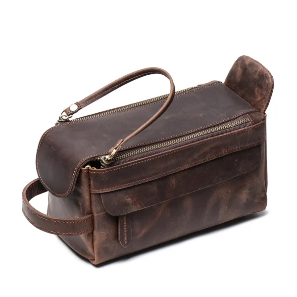 LUOKIR Vintage Multi-functional Genuine Leather Handbag Men's Makeup Bag Large Capacity Crazy Horse Leather Toiletry Organizer - Image 2