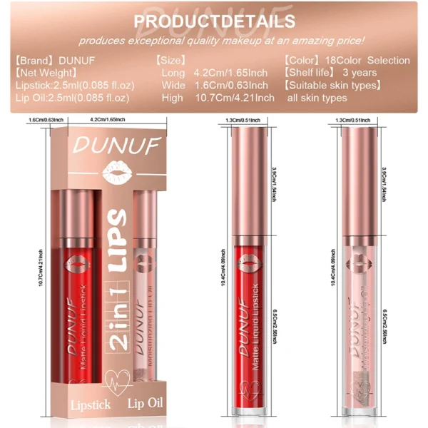 DUNUF Lip Gloss And Lip Oil Set 2-Piece Long-Lasting Waterproof Matte Moisturizing Non-Fading Lipstick Collection - Image 6
