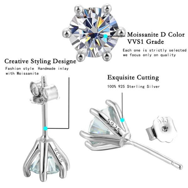 URMYLADY 1ct Moissanite Earrings for Women Wedding Fine Jewelry with GRA s925 Sterling Sliver Plated 18k White Gold Stud Earring - Image 5