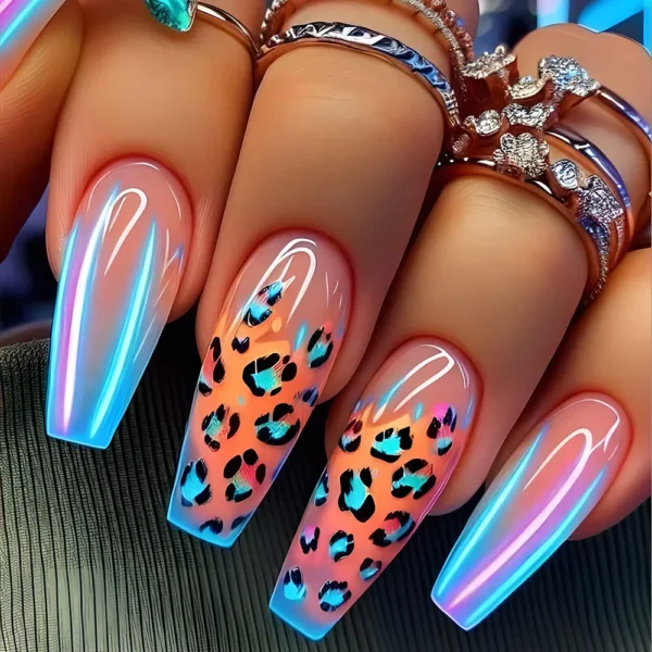 24pcs Golden Stripe Press on Nails Shiny Powder Love Design Long Square False Nails Wearable Full Cover Nail Tips Blue Fake Nail - Image 6