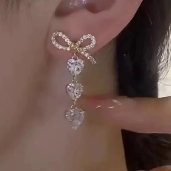 Bow Zircon Love Long Tassel Stud Earrings for Women Fashion Personalized Daily Accessory Party Jewelry Birthday Anniversary Gift - Image 3