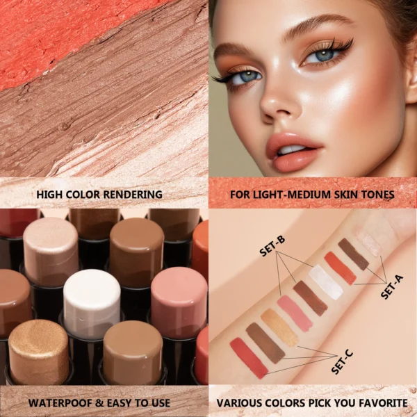 4pcs Contour Stick, Highlighter Stick, Blush Stick 4pcs Cream Contour Kit with Contour Brush, Create Face Contour, Non-greasy - Image 4