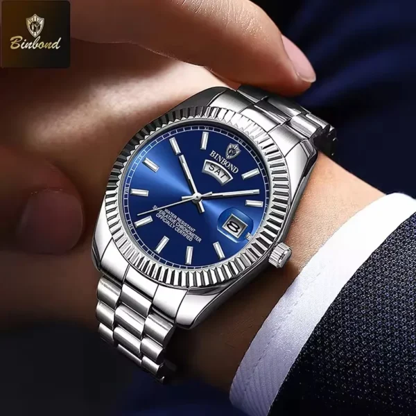 BINBOND Men's Quartz Watch with Stainless Steel Strap Waterproof Casual Watch, Displaying Date and Week with Night Light - Image 2