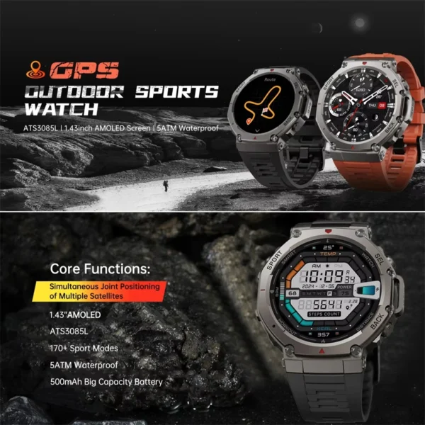 Outdoor Smart Watch For T-Rex 3 GPS Smartwatch AMOLED Touch Screen 5ATM Compass Smart Fitness Sport Monitor Men Watch ForXiaomi - Image 2
