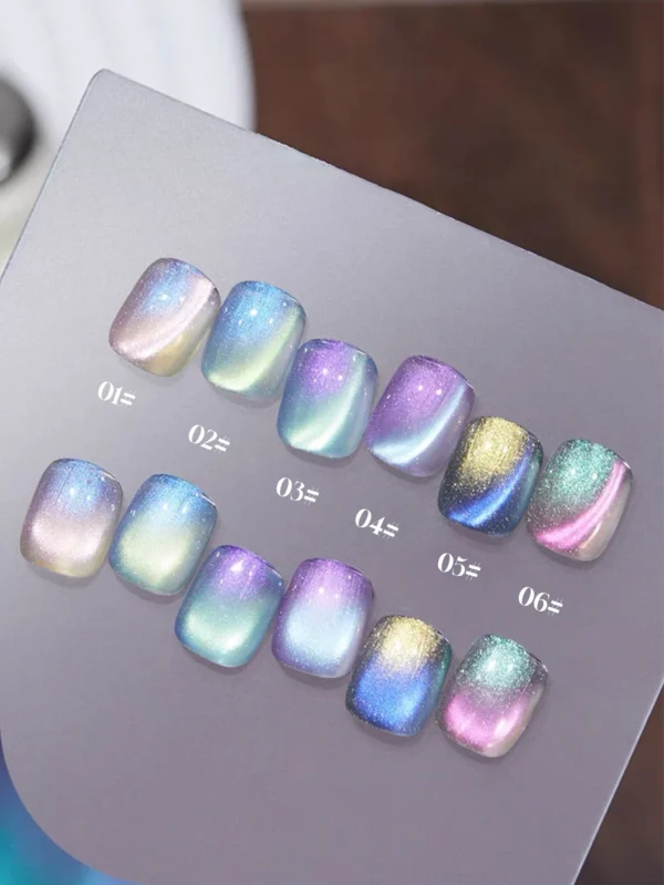 6PCS 2025 New Trendy Nail Art Fashion Phototherapy Iceland Aurora Blue-Green-Purple Cat Eye Gel Magnetic Powder Gold Nail Polish