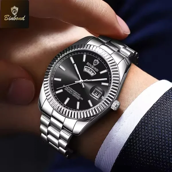 BINBOND Men's Quartz Watch with Stainless Steel Strap Waterproof Casual Watch, Displaying Date and Week with Night Light - Image 4