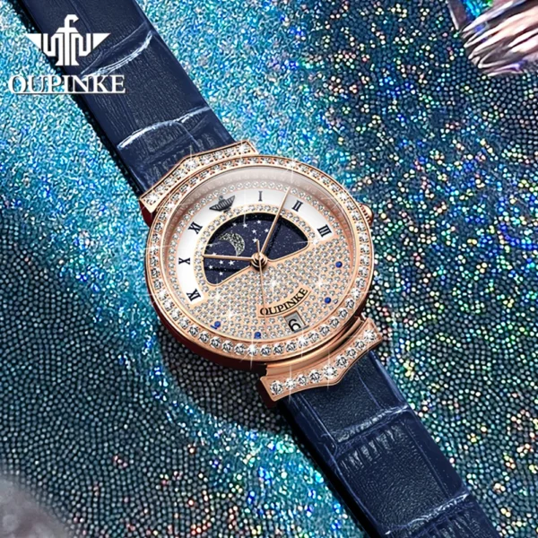 OUPINKE 3216 Original Swiss Quartz Movement Watch for Woman Full Diamond Women's Watches Leather Strap Waterproof Ladies Watches - Image 3