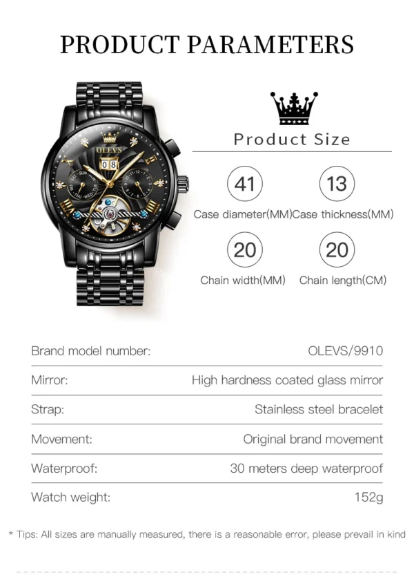 OLEVS Classic Men's Watches Tourbillon Multi-function Full Automatic Men Watch High end Male Wristwatches - Image 5