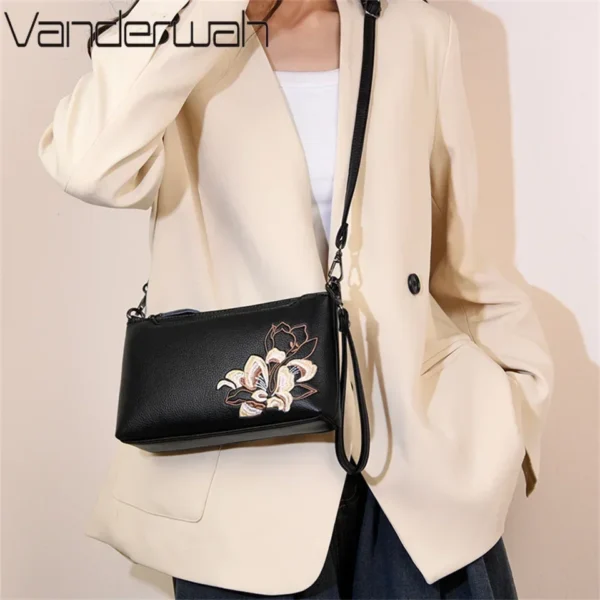 Elegant Black Leather Crossbody Bag with Floral Embroidery Compact Versatile Shoulder Bag for Women Blend of Style and Function - Image 3