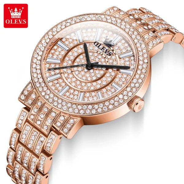 OLEVS 9904 Full Diamond Luxury Quartz Watch for Women Elegant Fashion Rose Gold Stainless Steel Waterproof Ladies Wristwatches