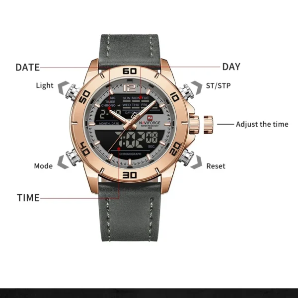 NAVIFORCE Men's Watches Fashion Genuine Leather Band 30M Waterproof Male Quartz Wristwatches Luminous Day and Date Display Clock - Image 2