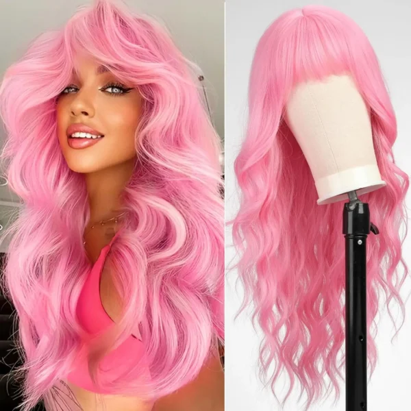 Women's fashion synthetic fiber head set orange wine red bangs long curly hair water ripple high temperature silk wig head set - Image 3