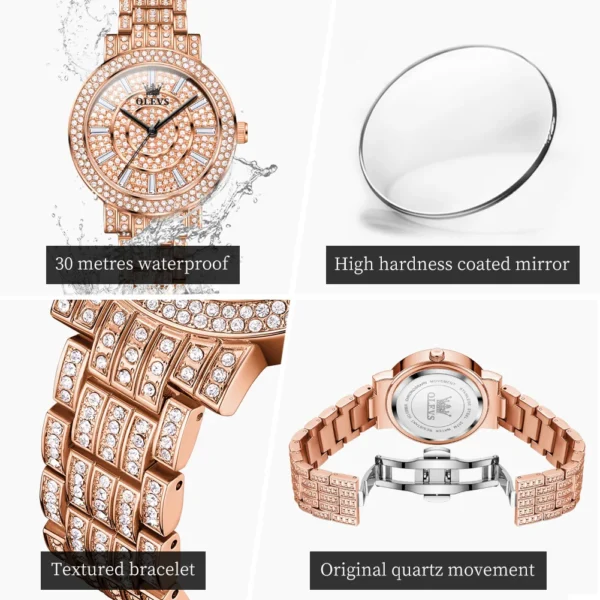 OLEVS 9904 Full Diamond Luxury Quartz Watch for Women Elegant Fashion Rose Gold Stainless Steel Waterproof Ladies Wristwatches - Image 5