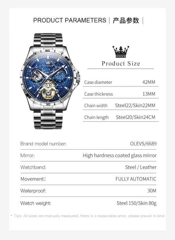 OLEVS 6689 Mechanical Watch for Men Waterproof Luminous Stainless steel Skeleton Automatic Watch - Image 6