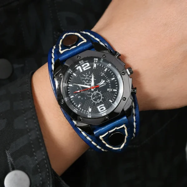 Handmade Punk Style Vintage Cowhide Leather Wide Strap Men's Large Dial Quartz Watch - Image 6