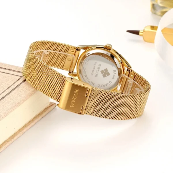 WWOOR Luxury Brand Dress Gold Watch Ladies Elegant Diamond Small Quartz Wrist Watches For Women Steel Mesh Clock zegarek damski - Image 6