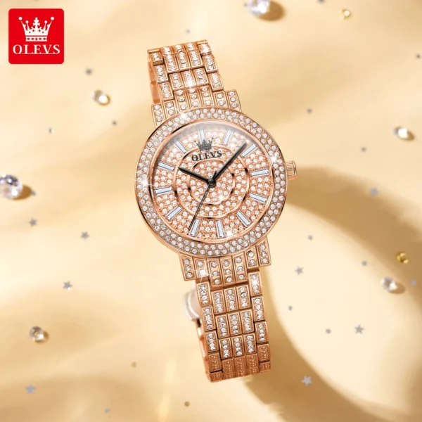 OLEVS 9904 Full Diamond Luxury Quartz Watch for Women Elegant Fashion Rose Gold Stainless Steel Waterproof Ladies Wristwatches - Image 2
