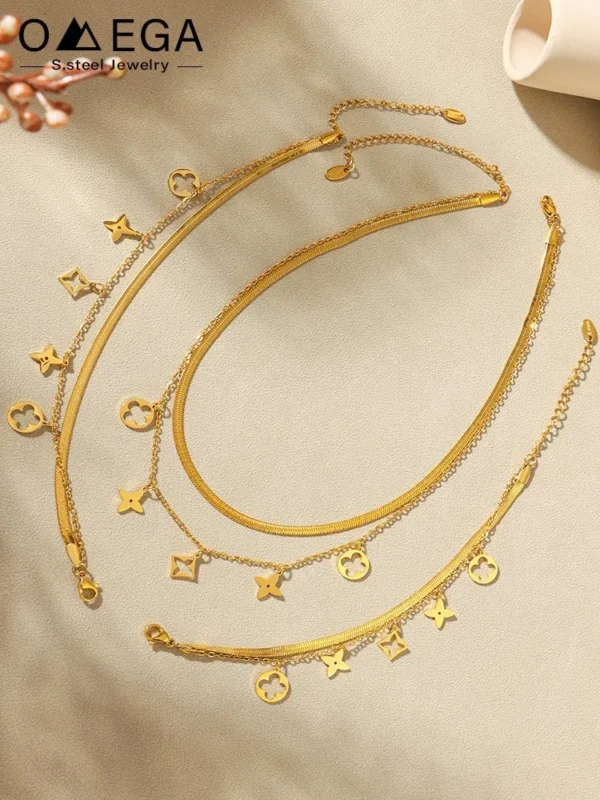 Two-layer Charms Anklets Bracelets Necklaces For Women 18k Gold Plated Stainless Steel Necklace Bracelet Ankle Chain Jewelry Set