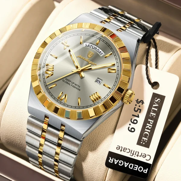 POEDAGAR Classic Business Watches For Men Week Date Waterproof Luminous Men Watch Stainless Steel Quartz Luxury Men's Wristwatch