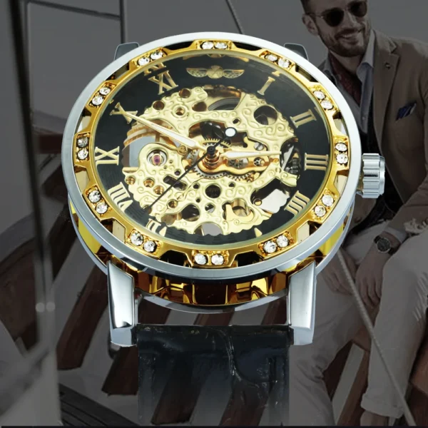 Unisex Classic Skeleton Mens Watch Luxury Diamond Case Gold Mechanical Watches Casual Leather Steel Strap Luminous WINNER Clock - Image 2
