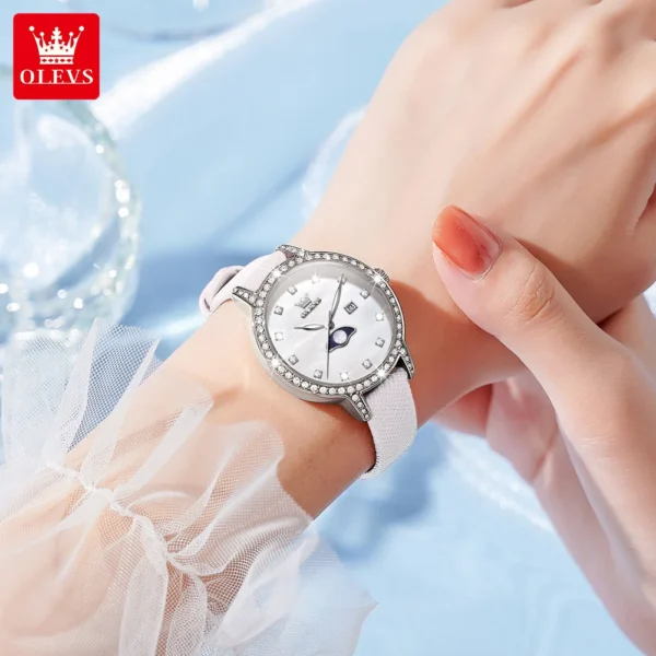 OLEVS 5597 Woman Watch Leather Strap Diamond Bezel Moon Phase Quartz Watch for Women Calendar Waterproof Ladies Wrist Watches - Image 4