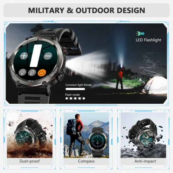 Blackview New IP68 Waterproof Smart Watch with LED Flashlight 960mAh Battery Life Bluetooth Call Outdoor Watches for Man Woman - Image 5