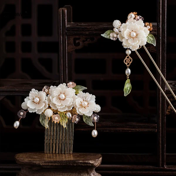 White Flower Hair Clips Hairpin Side Combs Chinese Hanfu Hair Accessories Set Vintage Handmade Hair Sticks Women Retro Jewelry - Image 3